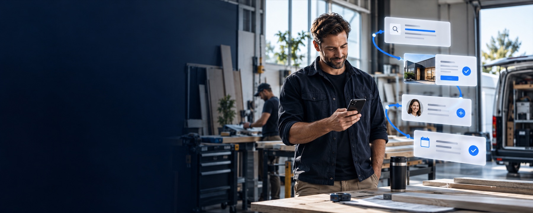 A local service business owner receiving a new customer booking through connected digital systems